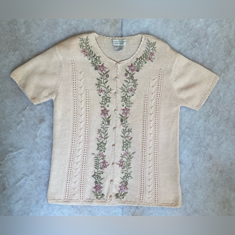 Vintage Jaclyn Smith Ivory  Knit  Cardigan Embroidery Faux Pearls (SKU519)